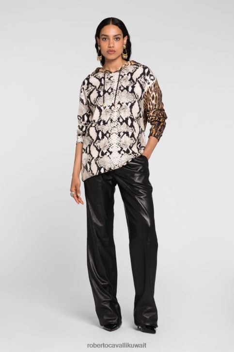 Roberto Cavalli نحيف بيج/أسود هودي من القطن بطبعة قطط ملابس 4H40H310