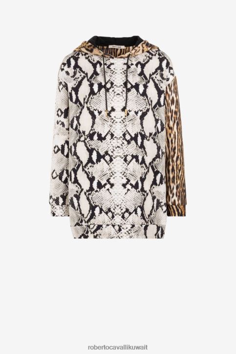 Roberto Cavalli نحيف موضة هودي من القطن بطبعة جلد الثعبان والأسلوت ملابس 4H40H311