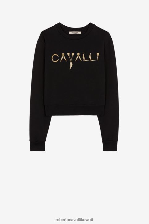 Roberto Cavalli نحيف أسود سويت شيرت بطبعة شعار الماركة ملابس 4H40H314