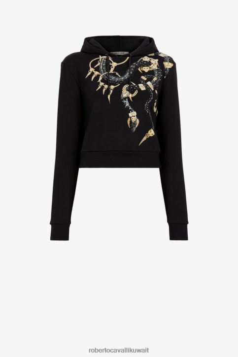 Roberto Cavalli نحيف أسود هودي قطن بطبعة جلد الثعبان والمجوهرات ملابس 4H40H315