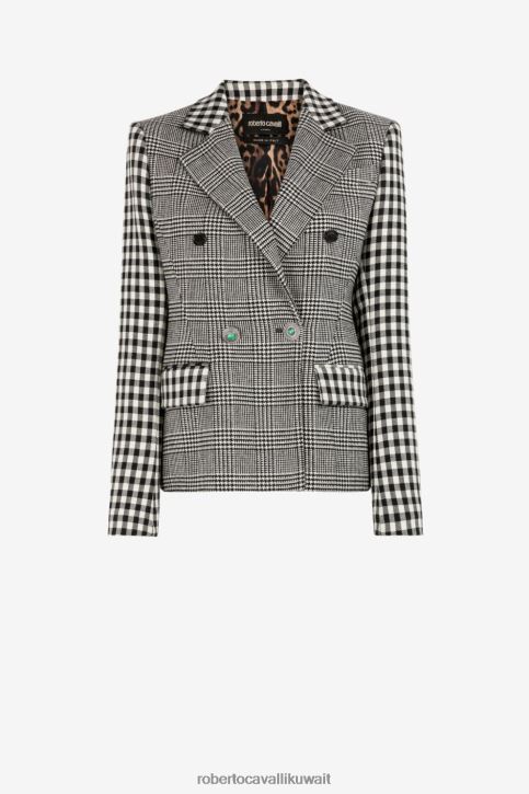 Roberto Cavalli نحيف أسود/أبيض سترة بصف أزرار مزدوج ونقش مربعات وجنجهام ملابس 4H40H324