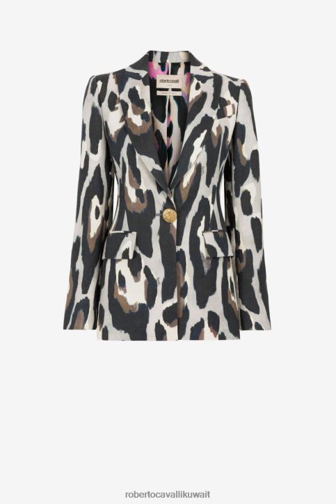 Roberto Cavalli نحيف موضة سترة من الكتان بصدر واحد وطبعات جاكوار ملابس 4H40H331