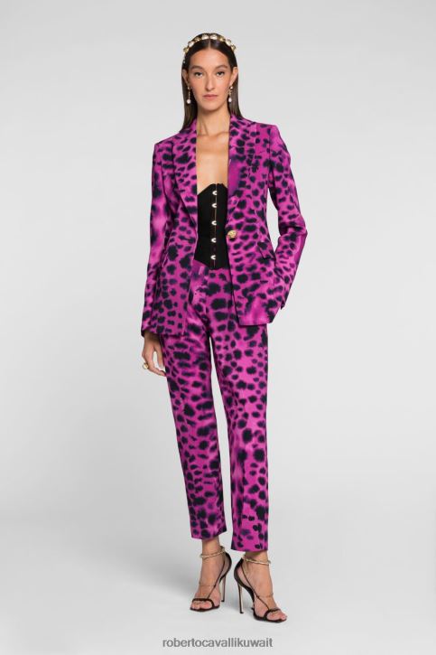 Roberto Cavalli نحيف موضة سترة من الكتان بصدر واحد وطبعات جاكوار ملابس 4H40H331