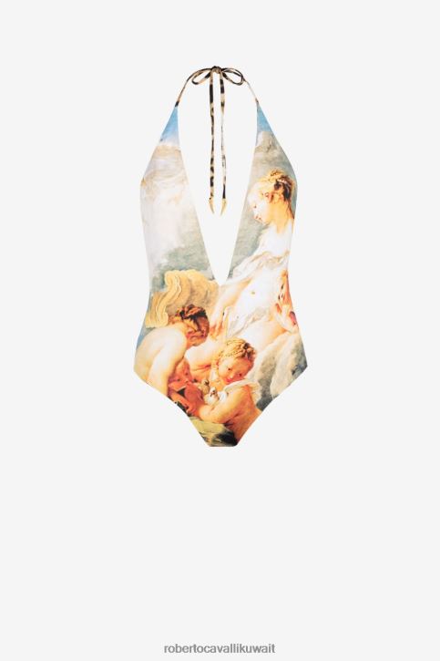 Roberto Cavalli نحيف متعدد الألوان ملابس سباحة بحمالة عنق وطبعة طلاء ملابس 4H40H342