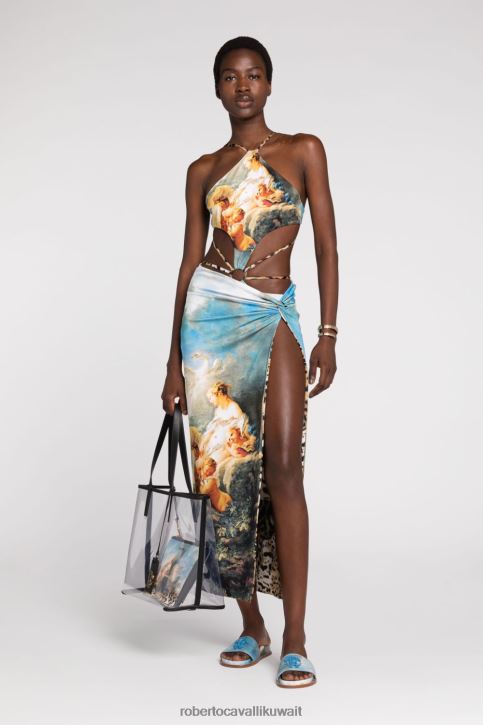 Roberto Cavalli نحيف متعدد الألوان ملابس سباحة بحمالة عنق وطبعة طلاء ملابس 4H40H342