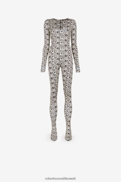 Roberto Cavalli نحيف العاج / الأسود بذلة بطبعة شعار الماركة ملابس 4H40H37