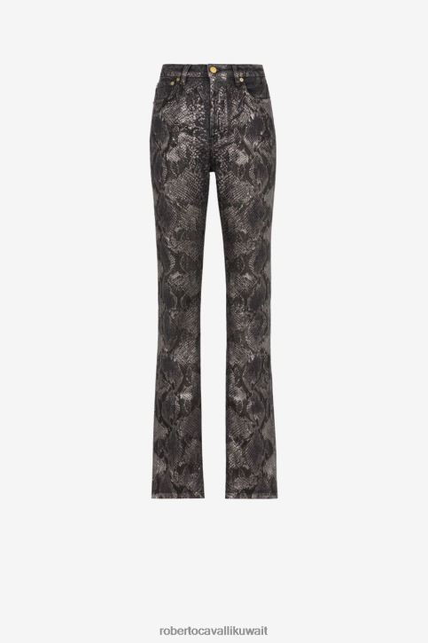 Roberto Cavalli نحيف أسود جينز ميتاليك بقصة مستقيمة وطبعة جلد الثعبان ملابس 4H40H391