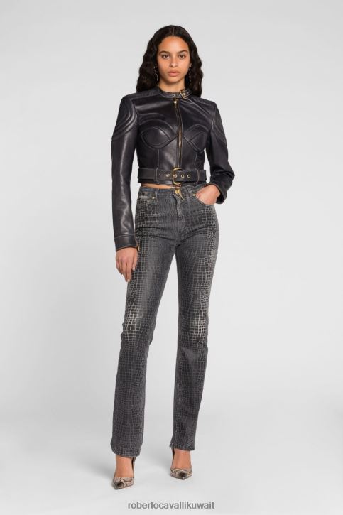 Roberto Cavalli نحيف أسود جينز ميتاليك بقصة مستقيمة وطبعة جلد الثعبان ملابس 4H40H391