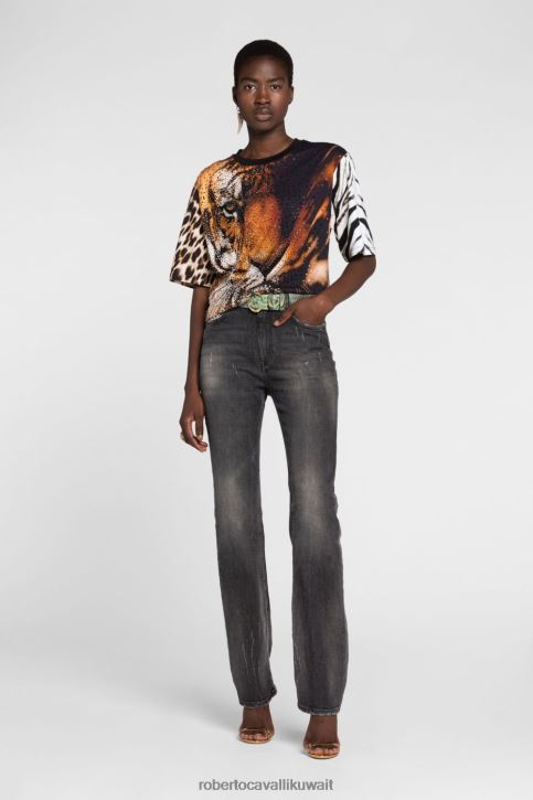 Roberto Cavalli نحيف أسود جينز بقصة مستقيمة وطبعة جلد التمساح ملابس 4H40H392
