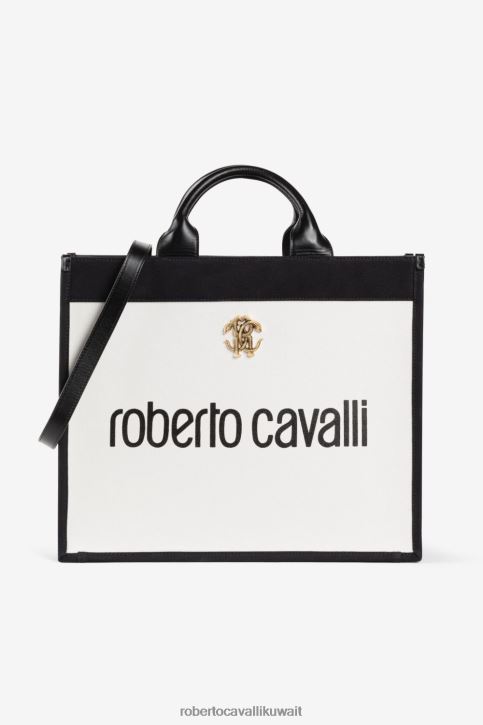 Roberto Cavalli نحيف أسود/أبيض حقيبة عملية بطبعة الشعار مُكَمِّلات 4H40H415