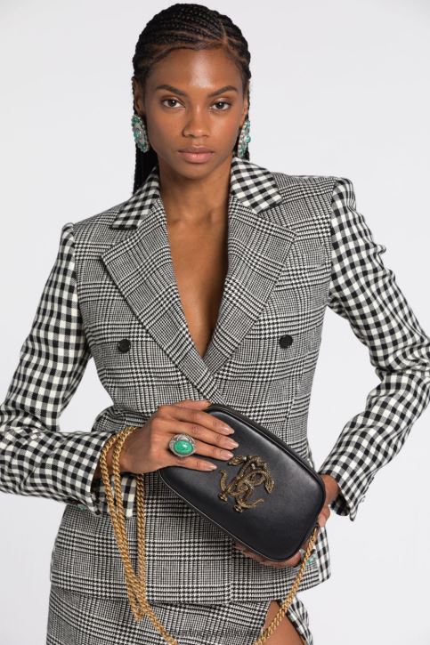 Roberto Cavalli نحيف أسود/أبيض حقيبة عملية بطبعة الشعار مُكَمِّلات 4H40H415