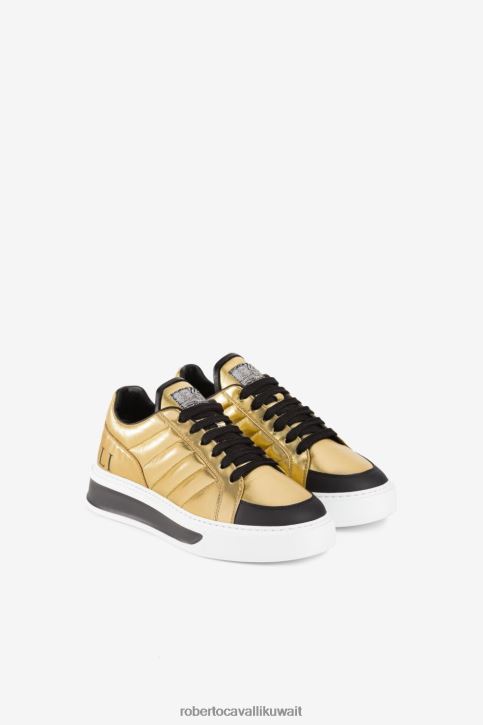 Roberto Cavalli نحيف الذهب الأسود حذاء رياضي بطبعة شعار معدني أحذية 4H40H467