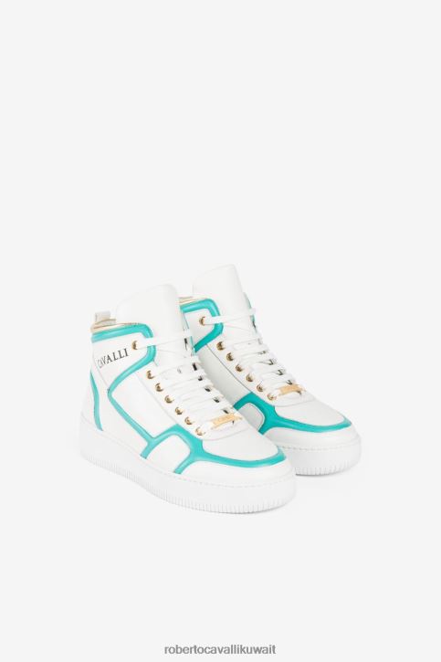 Roberto Cavalli نحيف أبيض / أكوا / ذهبي / أورو حذاء رياضي بطبعة شعار الماركة أحذية 4H40H470