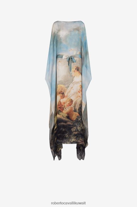 Roberto Cavalli نحيف متعدد الألوان قفطان حرير بطبعات الرسم ملابس 4H40H48