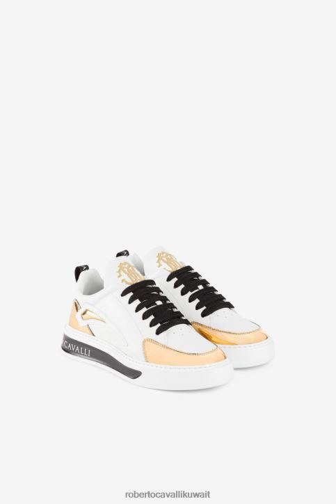 Roberto Cavalli نحيف ذهبي/أبيض/أسود أحذية رياضية مونوغرام آر سي أحذية 4H40H483