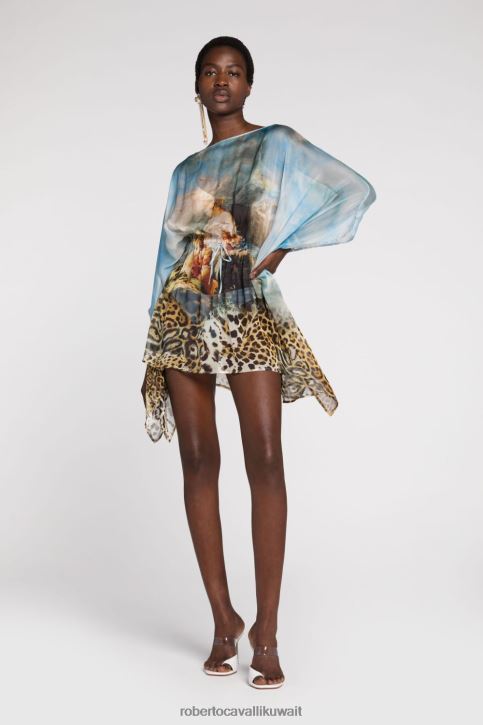 Roberto Cavalli نحيف متعدد الألوان قفطان حرير بطبعات الرسم ملابس 4H40H49