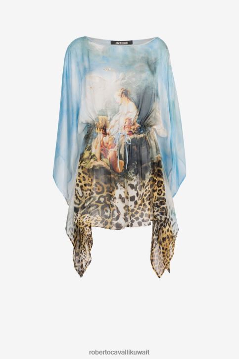 Roberto Cavalli نحيف متعدد الألوان قفطان حرير بطبعات الرسم ملابس 4H40H50