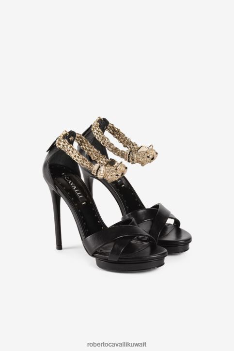 Roberto Cavalli نحيف أسود صندل برأس النمر مزين بالكريستال أحذية 4H40H507