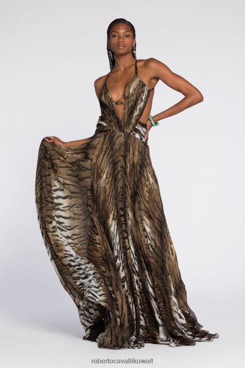 Roberto Cavalli نحيف متعدد الألوان قفطان حرير بطبعات الرسم ملابس 4H40H50