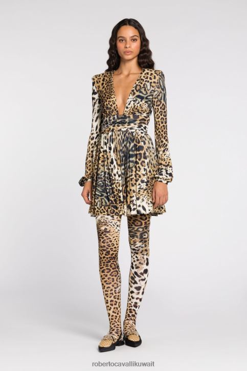 Roberto Cavalli نحيف بني فستان ماكسي حرير بطبعات النمر ملابس 4H40H51