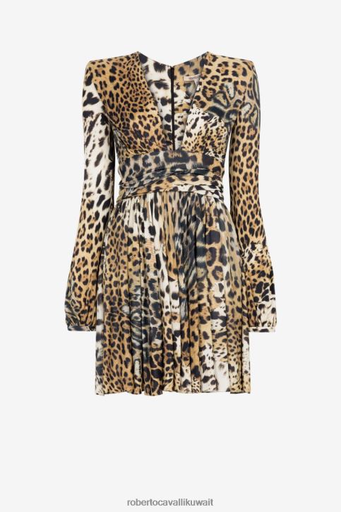 Roberto Cavalli نحيف أنيق فستان ميدي بأكمام طويلة وطبعة جلد الفهد ملابس 4H40H52