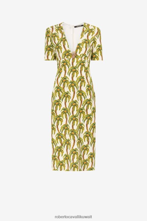 Roberto Cavalli نحيف أنيق فستان ميدي بطبعة شجرة النخيل ملابس 4H40H54