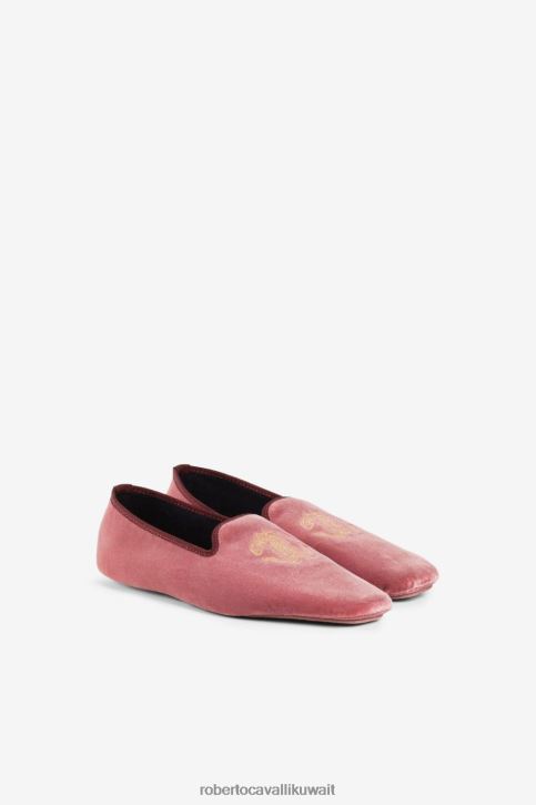 Roberto Cavalli نحيف وردي/أسود نعال مخملية مطرزة بنقشة الثعبان أحذية 4H40H558