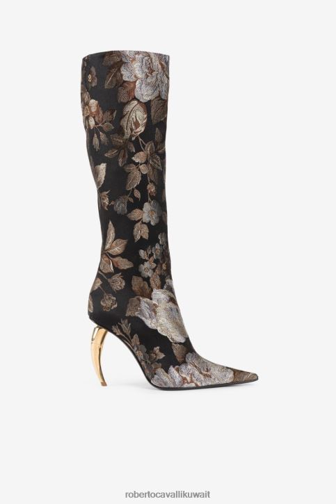 Roberto Cavalli نحيف أسود/نيكل أحذية عالية الفخذ من جلد أسنان النمر أحذية 4H40H572