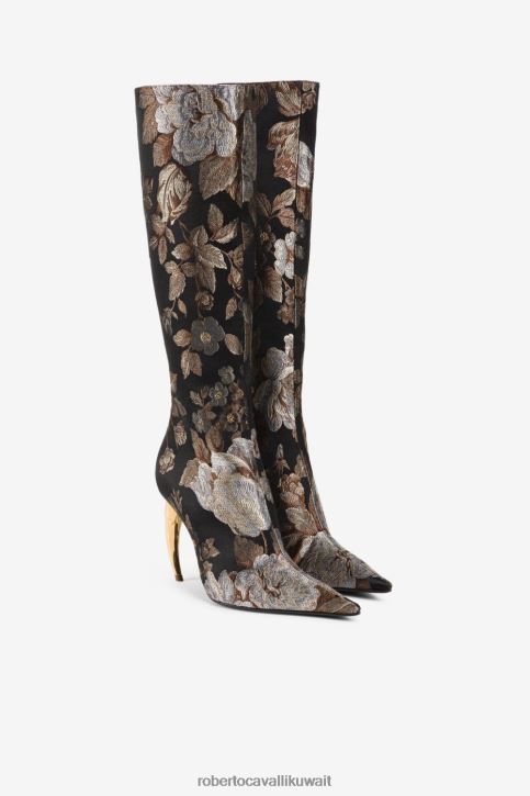 Roberto Cavalli نحيف موضة حذاء طويل للركبة مزين بالزهور ومزين بأسنان النمر أحذية 4H40H573