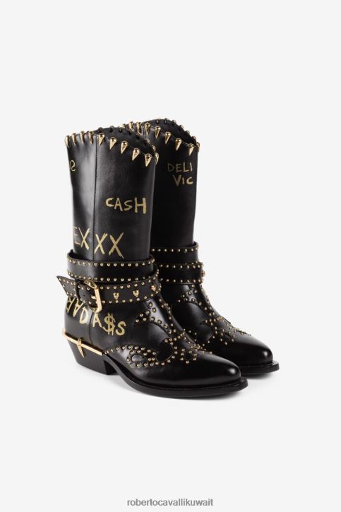 Roberto Cavalli نحيف نيرو لوسيدو حذاء ويسترن بطبعة شعار النمر أحذية 4H40H580