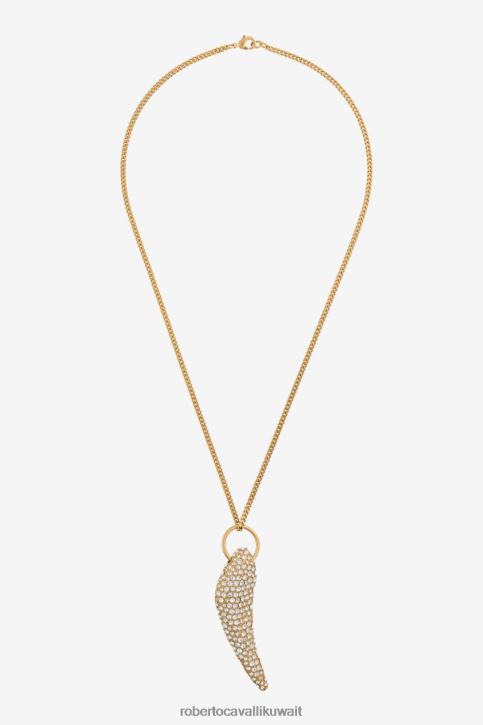Roberto Cavalli نحيف الذهب/الكريستال قلادة أسنان النمر مزينة بالكريستال مُكَمِّلات 4H40H602