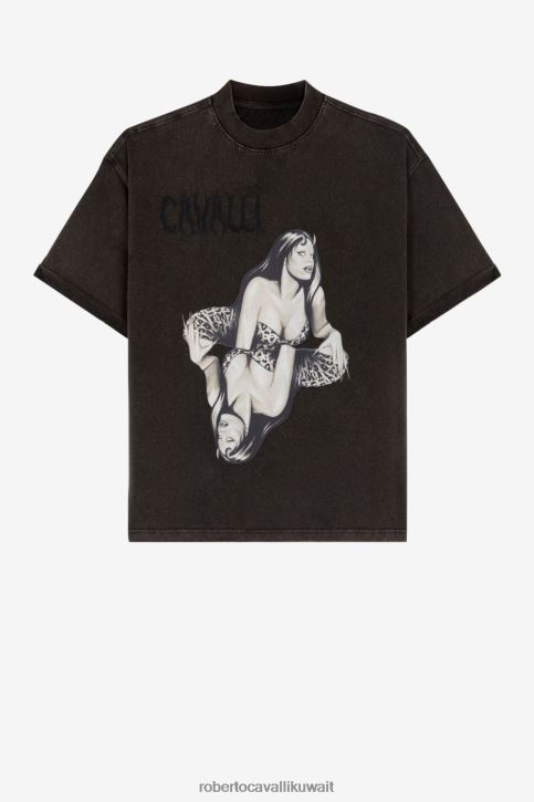 Roberto Cavalli رجال أسود تي شيرت بطبعة جرافيك ملابس 4H40H719