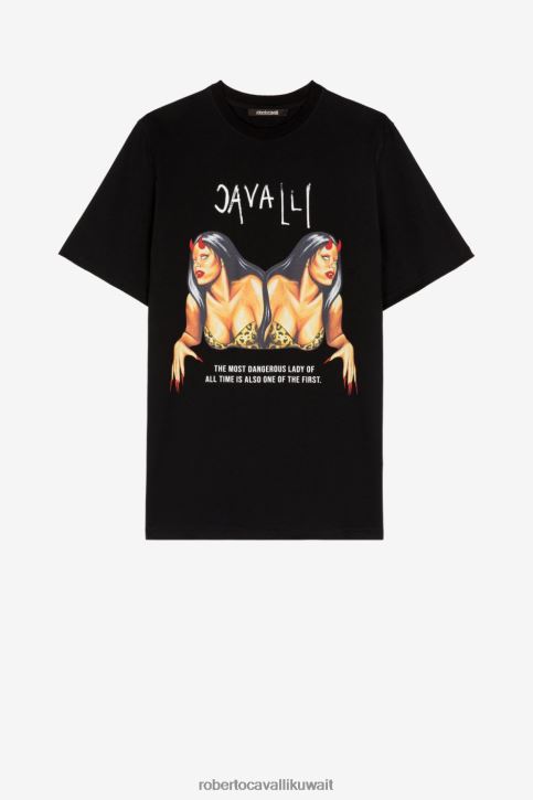 Roberto Cavalli رجال أسود تي شيرت قطن بطبعة جرافيك ملابس 4H40H720