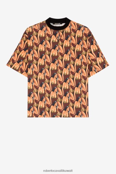 Roberto Cavalli رجال عاج تي شيرت قطن بطبعة جرافيك ملابس 4H40H721