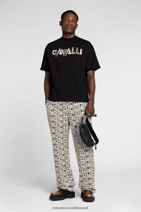 Roberto Cavalli رجال عاج تي شيرت قطن بطبعة جرافيك ملابس 4H40H721