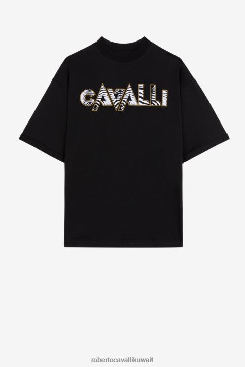 Roberto Cavalli رجال أسود تيشيرت قطن بطبعة شعار الماركة ملابس 4H40H722