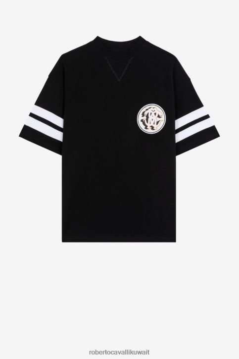 Roberto Cavalli رجال أسود تيشيرت قطن بطبعة ثعبان مرآة ملابس 4H40H723