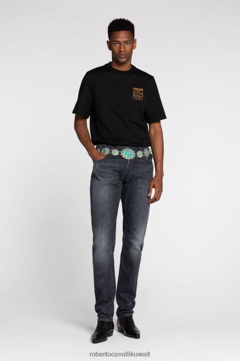 Roberto Cavalli رجال أنيق تيشيرت قطن بتفاصيل أسنان النمر ملابس 4H40H725