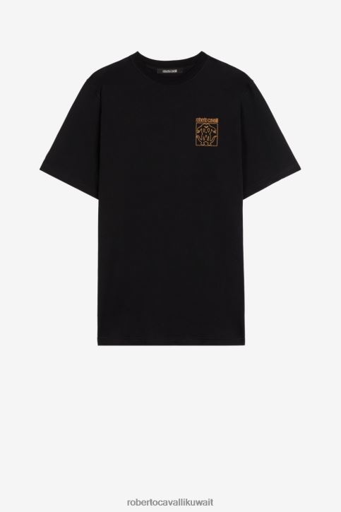 Roberto Cavalli رجال أسود تيشيرت قطن بطبعة ثعبان مرآة ملابس 4H40H726