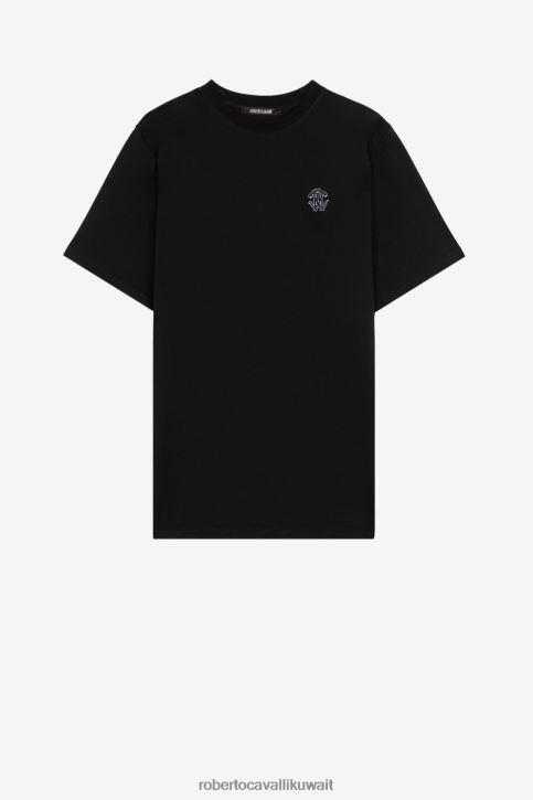 Roberto Cavalli رجال أسود تيشيرت قطن بطبعة ثعبان مرآة ملابس 4H40H728