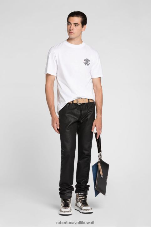 Roberto Cavalli رجال أسود تيشيرت قطن بطبعة ثعبان مرآة ملابس 4H40H728