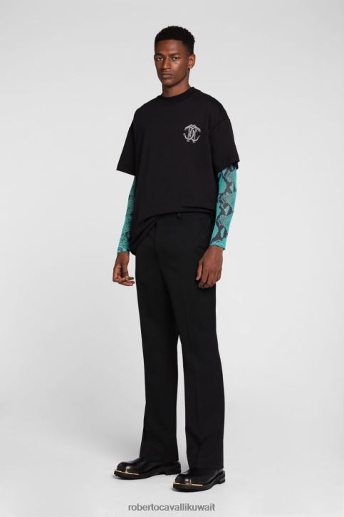 Roberto Cavalli رجال أنيق تيشيرت بطبعة مونوغرام ونقش ثعبان ملابس 4H40H729