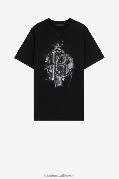 Roberto Cavalli رجال أسود تيشيرت بطبعة ثعبان مرآة ملابس 4H40H732