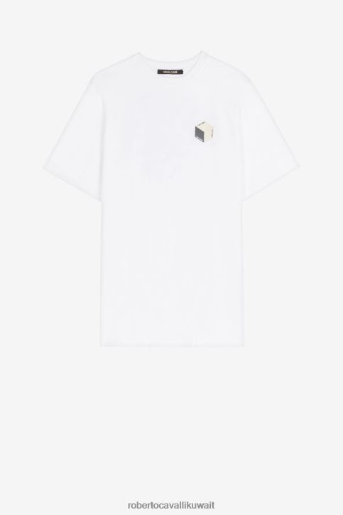 Roberto Cavalli رجال البصرية الأبيض تيشيرت قطن بطبعة جلد الثعبان ملابس 4H40H734