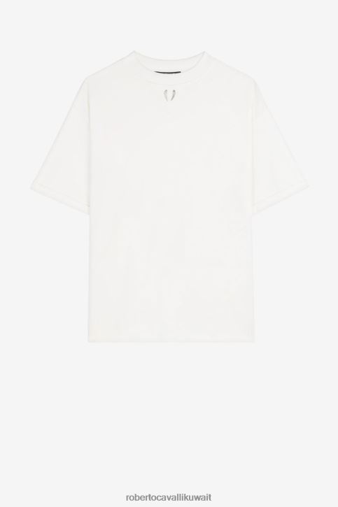 Roberto Cavalli رجال البصرية الأبيض تيشيرت قطن مزين بأسنان النمر ملابس 4H40H735