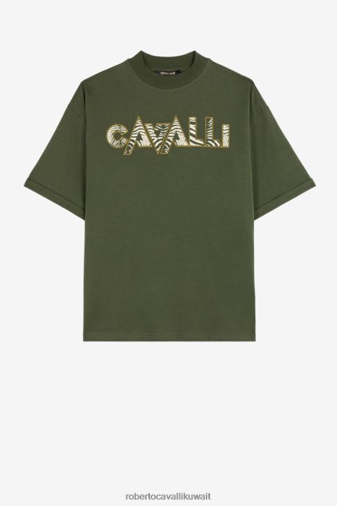Roberto Cavalli رجال أخضر تيشيرت قطن بطبعة شعار الماركة ملابس 4H40H739