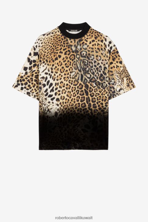 Roberto Cavalli رجال طبيعي تيشيرت قطن بطبعة جاكوار ملابس 4H40H740