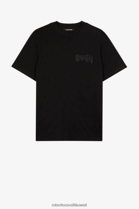 Roberto Cavalli رجال أسود تيشيرت مزين بالكريستال وطبعة شعار الماركة ملابس 4H40H742