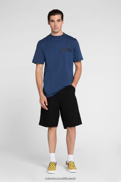 Roberto Cavalli رجال أسود تيشيرت مزين بالكريستال وطبعة شعار الماركة ملابس 4H40H742