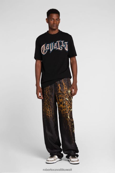 Roberto Cavalli رجال أنيق تيشيرت قطن بطبعة شعار ملابس 4H40H747